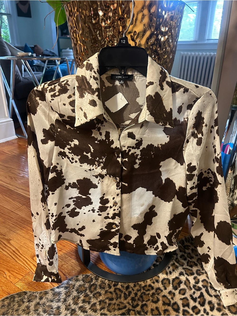Love Tree Brown & White Cowprint Cropped Button-Front Jacket
